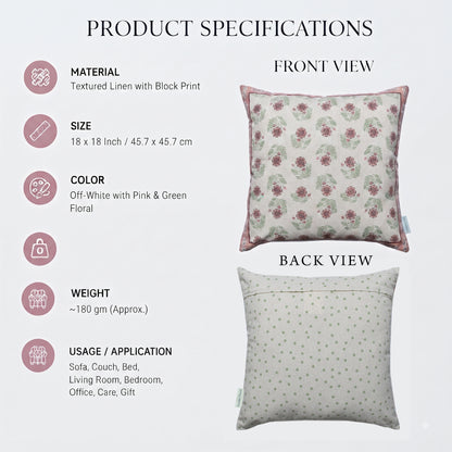 Zensha Decor Cotton Linen Cushion Cover 18 x 18 Inch, Off White Floral Block Print with Pink & Green Design