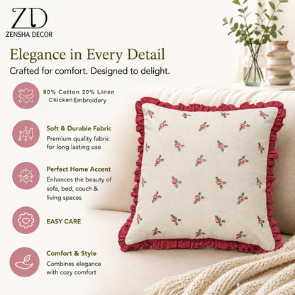 Zensha Decor 18 x 18 Inch Cotton Linen Cushion Cover, Embroidered Rose Floral Pillow Cover with Dusty Rose Ruffle Trim – Ivory