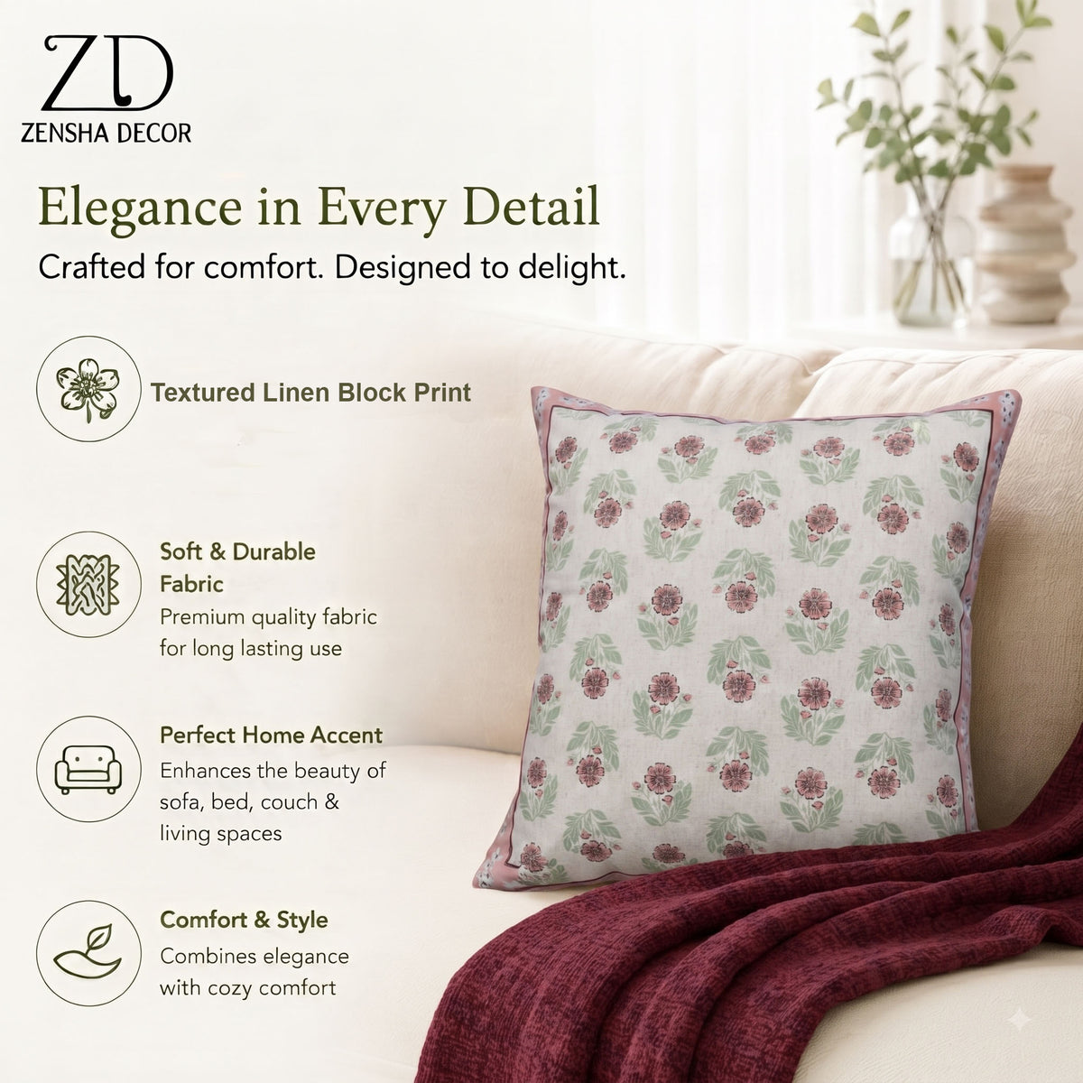 Zensha Decor Cotton Linen Cushion Cover 18 x 18 Inch, Off White Floral Block Print with Pink & Green Design