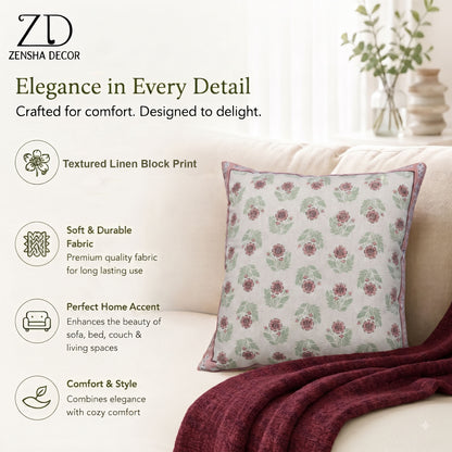Zensha Decor Cotton Linen Cushion Cover 18 x 18 Inch, Off White Floral Block Print with Pink & Green Design