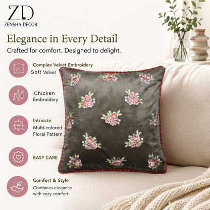 Zensha Decor 18x18 Inch Velvet Floral Embroidered Cushion Cover – Taupe Grey