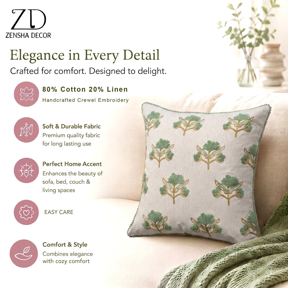Zensha Decor 18 x 18 Inch Cotton Linen Cushion Cover, Tufted Floral Crewel Embroidery, Ivory with Sage Green & Ochre, Pom-Pom Trim