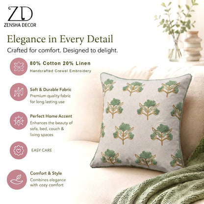 Zensha Decor 18 x 18 Inch Cotton Linen Cushion Cover, Tufted Floral Crewel Embroidery, Ivory with Sage Green & Ochre, Pom-Pom Trim