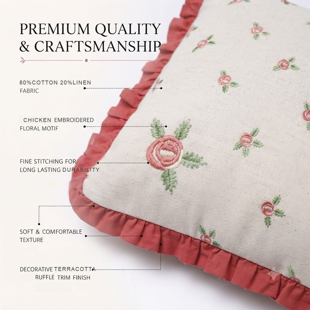 Zensha Decor 18 x 18 Inch Cotton Linen Cushion Cover, Embroidered Rose Floral Pillow Cover with Dusty Rose Ruffle Trim – Ivory