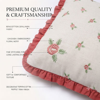 Zensha Decor 18 x 18 Inch Cotton Linen Cushion Cover, Embroidered Rose Floral Pillow Cover with Dusty Rose Ruffle Trim – Ivory