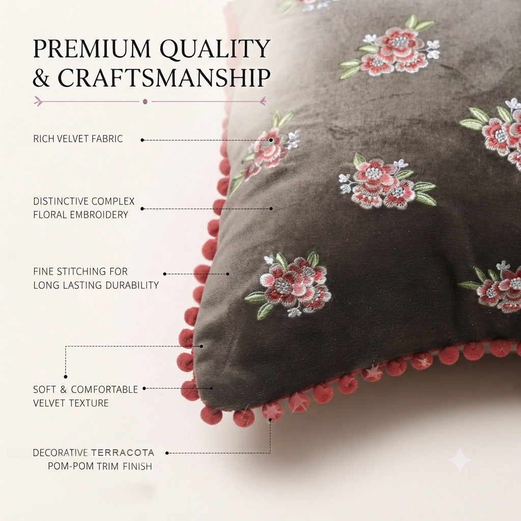 Zensha Decor 18x18 Inch Velvet Floral Embroidered Cushion Cover – Taupe Grey
