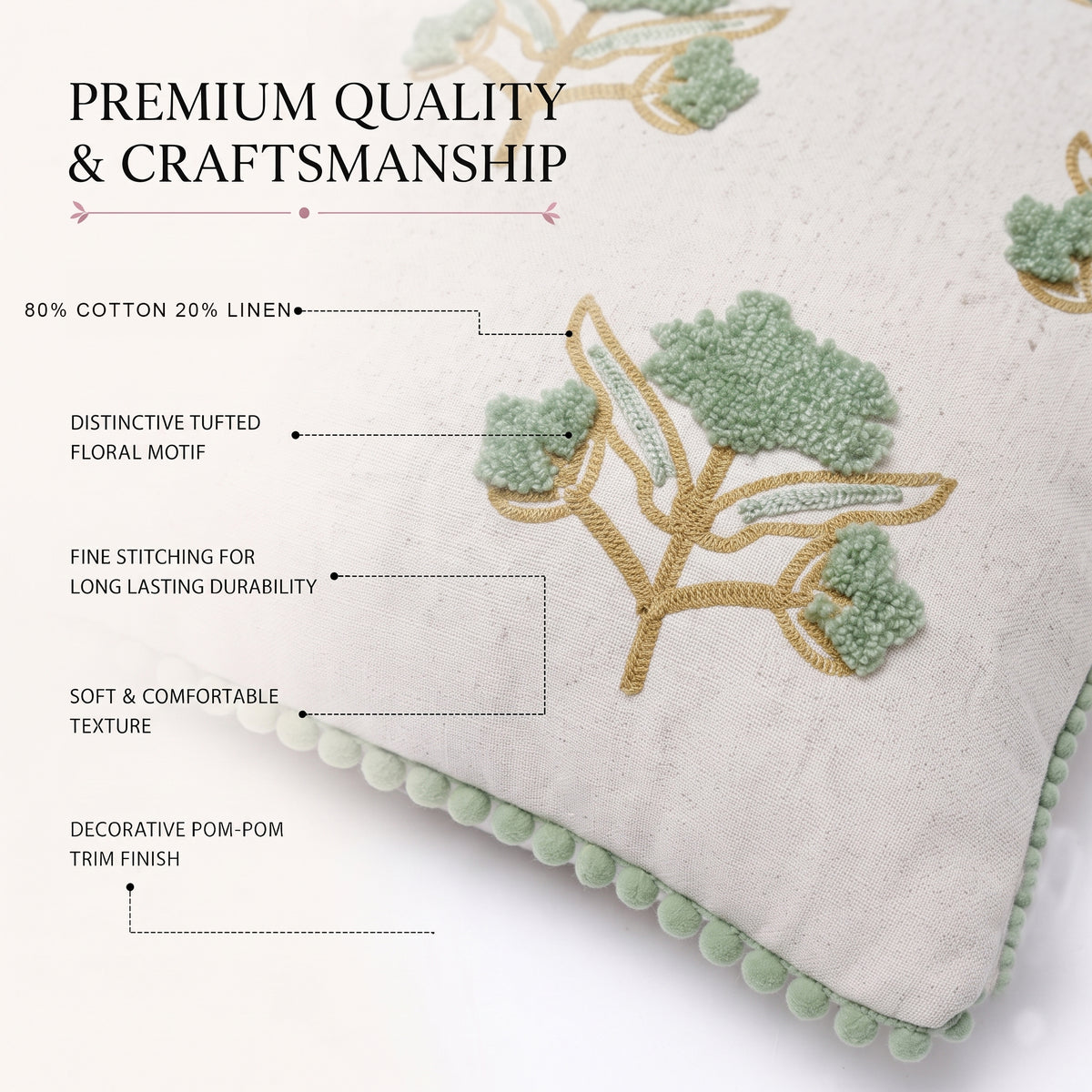 Zensha Decor 18 x 18 Inch Cotton Linen Cushion Cover, Tufted Floral Crewel Embroidery, Ivory with Sage Green & Ochre, Pom-Pom Trim