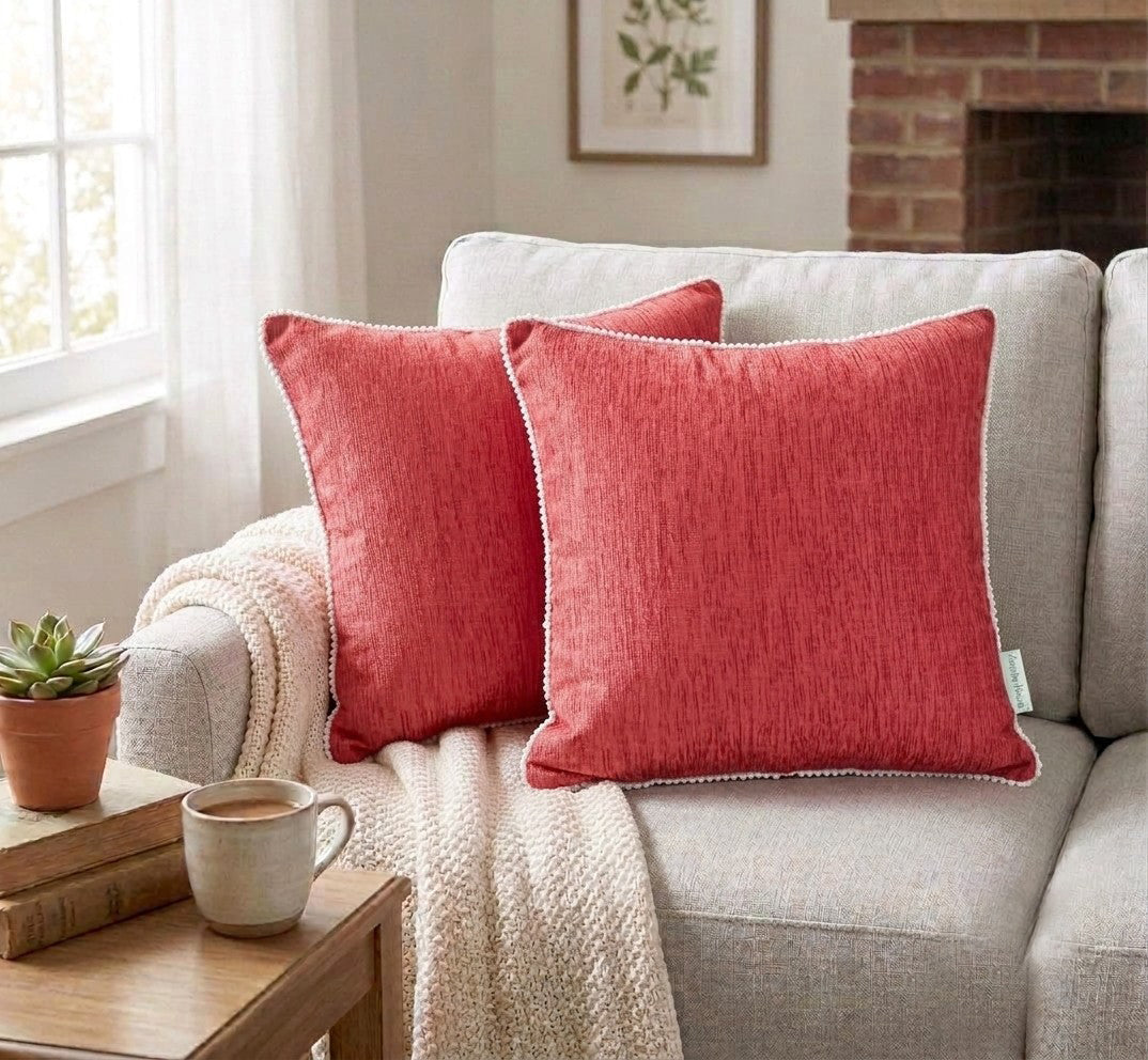 Red Velvet Cushion Cover with White Pom Pom Trim – Soft Polyester Decorative Pillow Cover