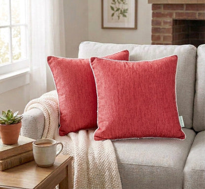 Red Velvet Cushion Cover with White Pom Pom Trim – Soft Polyester Decorative Pillow Cover