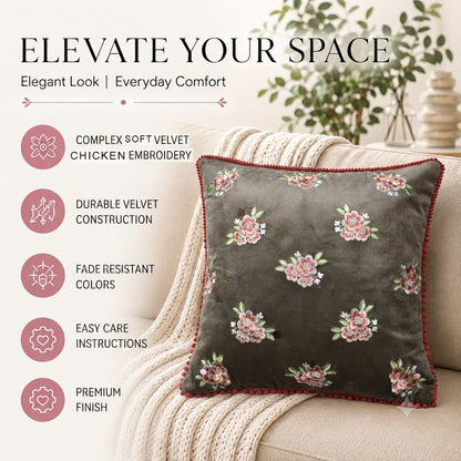 Zensha Decor 18x18 Inch Velvet Floral Embroidered Cushion Cover – Taupe Grey
