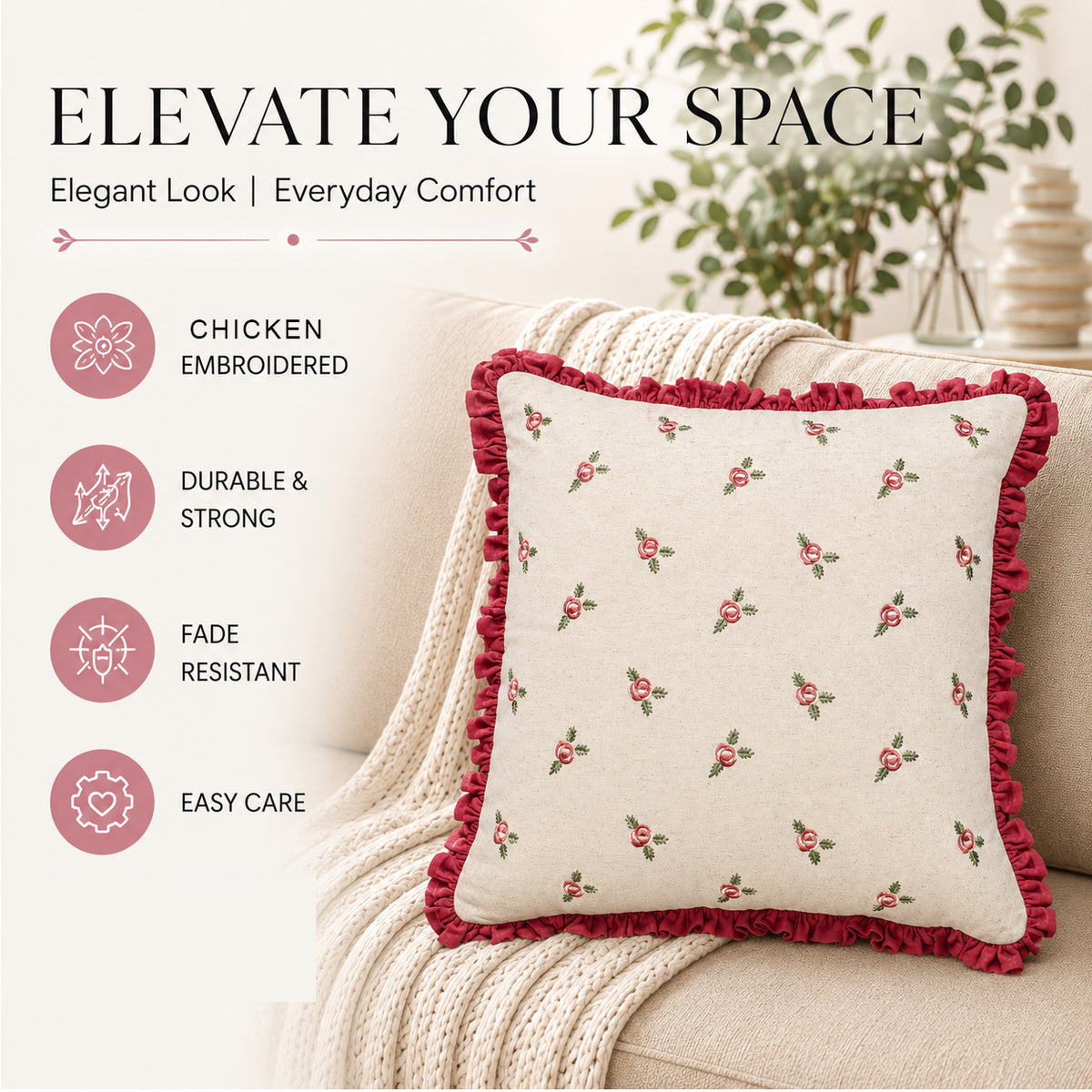 Zensha Decor 18 x 18 Inch Cotton Linen Cushion Cover, Embroidered Rose Floral Pillow Cover with Dusty Rose Ruffle Trim – Ivory
