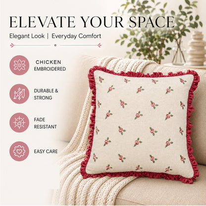 Zensha Decor 18 x 18 Inch Cotton Linen Cushion Cover, Embroidered Rose Floral Pillow Cover with Dusty Rose Ruffle Trim – Ivory