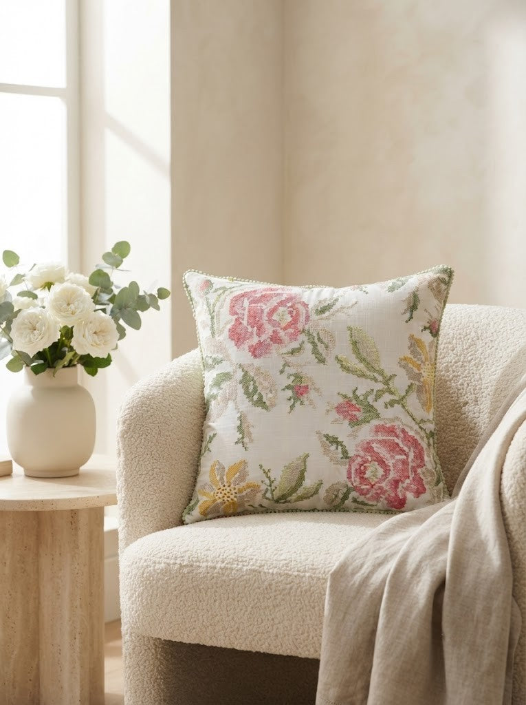 Floral Cross Stitch Embroidered Throw Pillow Cover 18 x 18 Inch - Pack of 1
