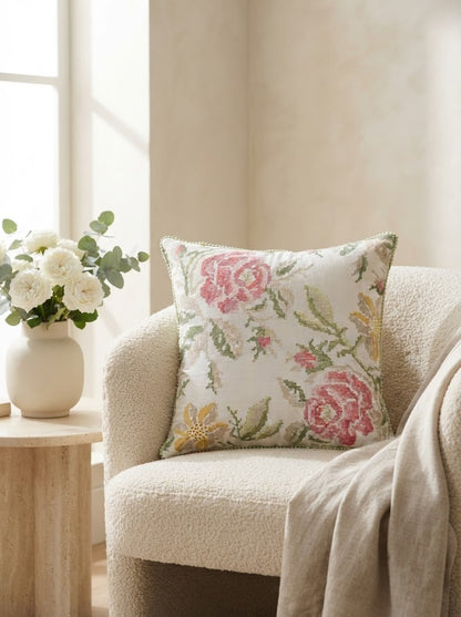 Floral Cross Stitch Embroidered Throw Pillow Cover 18 x 18 Inch - Pack of 1