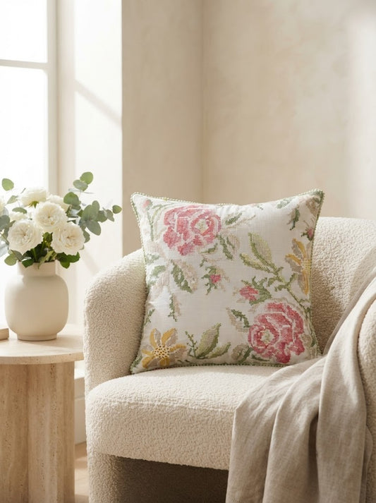 Floral Cross Stitch Embroidered Throw Pillow Cover 18 x 18 Inch - Pack of 1