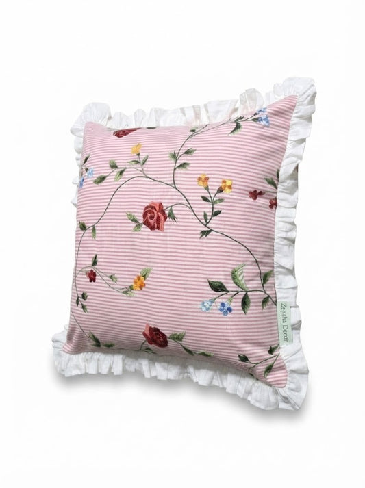 Pink Floral Cotton Pillow Cover with Ruffled Border – Striped Printed Cushion Cover