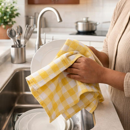 4-Piece Checkered Kitchen Towel Set – Soft & Absorbent Cotton Dish Towels for Kitchen Cleaning & Drying
