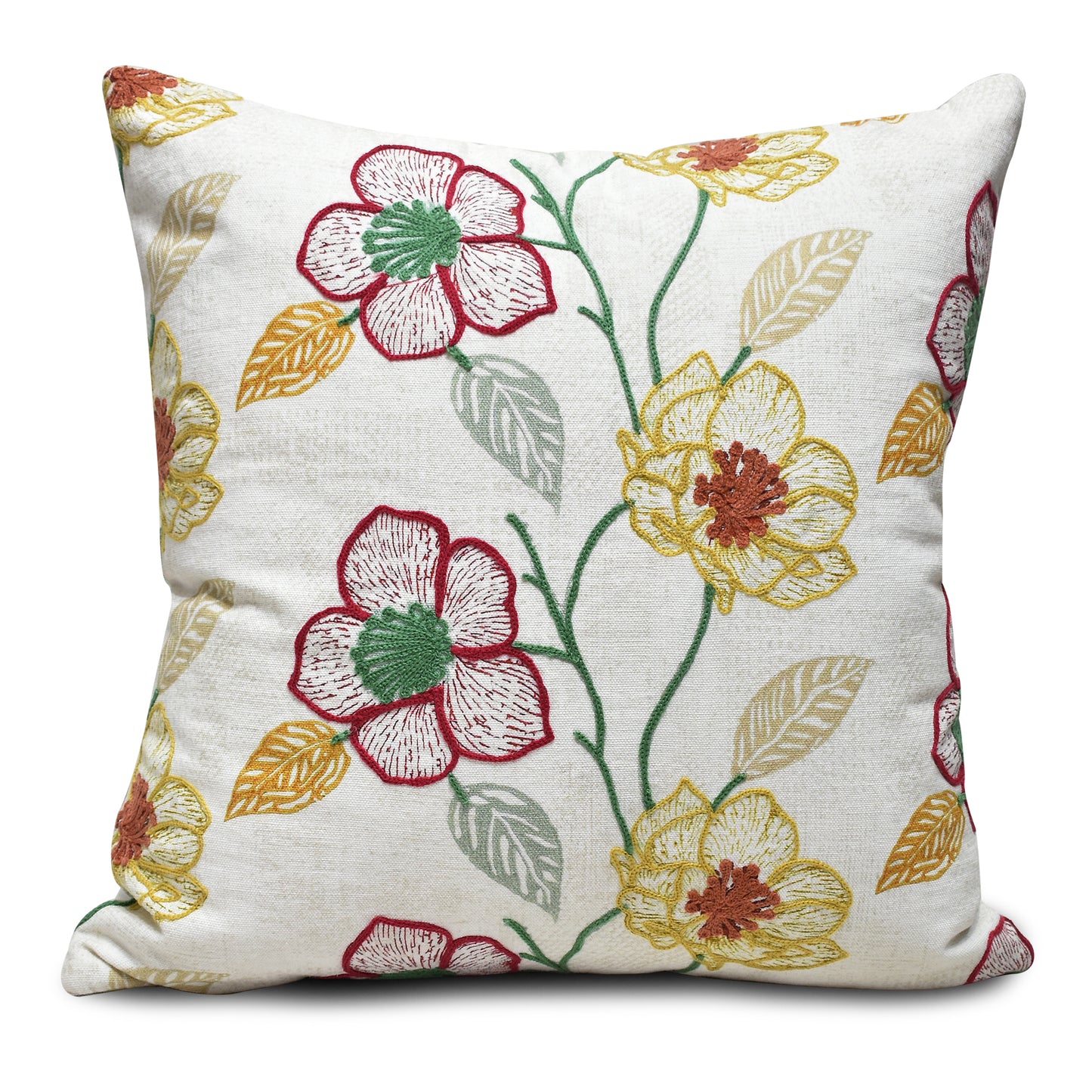16x16 Cotton Embroidered Floral Cushion Cover with Insert – Decorative Throw Pillow, Multicolor Floral Design