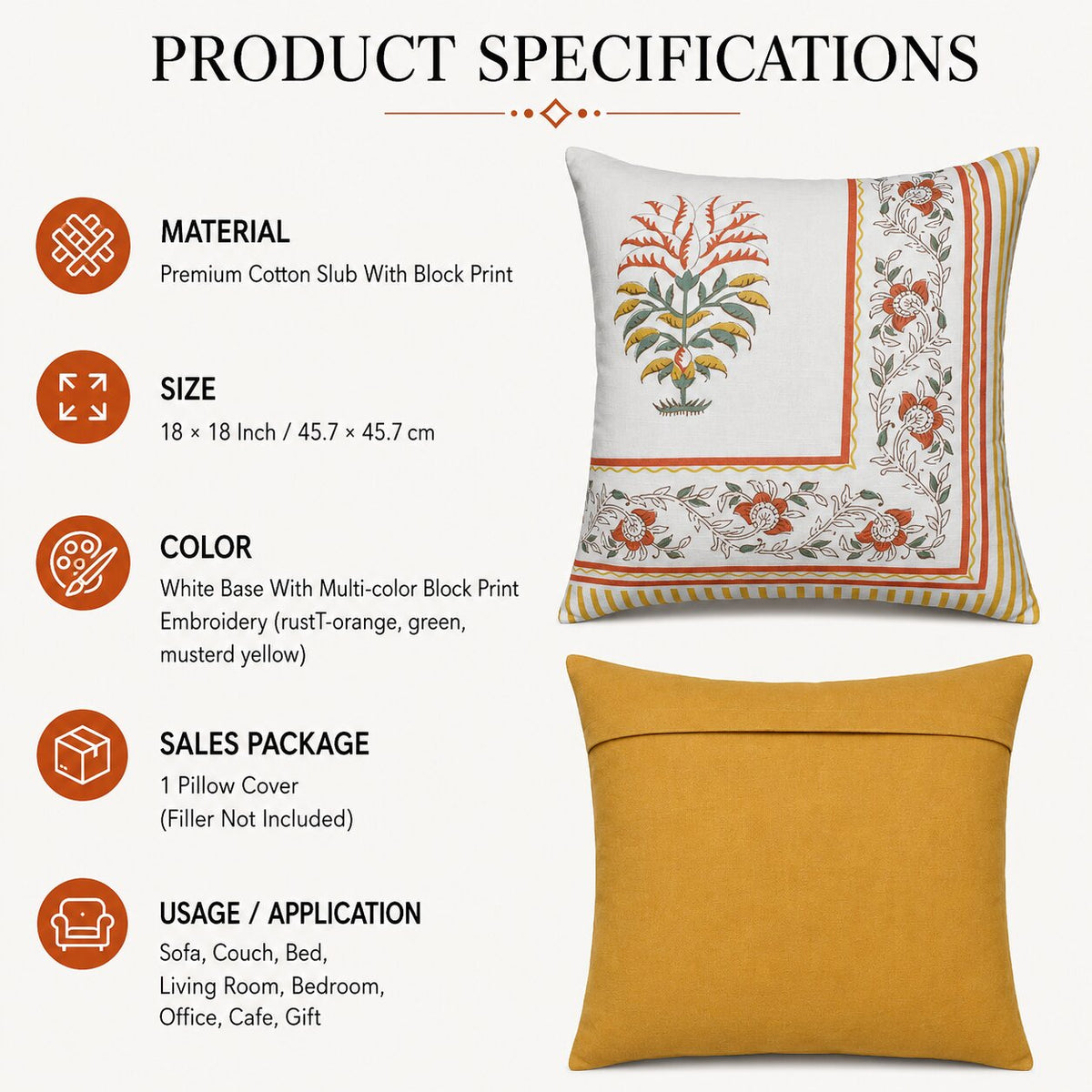 ZENSHA DECOR Cotton Slub Printed Cushion Cover 18 x 18 Inch | Multicolour Vintage Floral Throw Pillow Cover for Sofa, Couch & Bed
