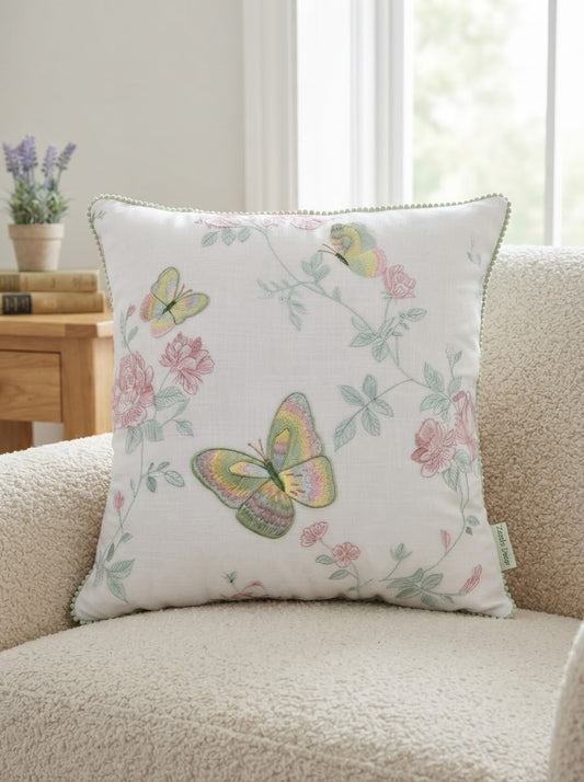 Floral Butterfly Cotton Pillow Cover with Decorative Piped Border – Soft Printed Cushion Cover