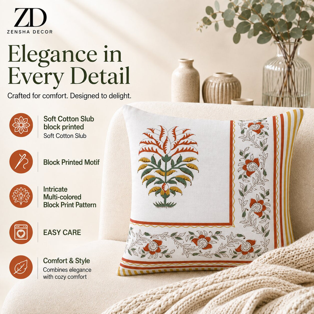ZENSHA DECOR Cotton Slub Printed Cushion Cover 18 x 18 Inch | Multicolour Vintage Floral Throw Pillow Cover for Sofa, Couch & Bed