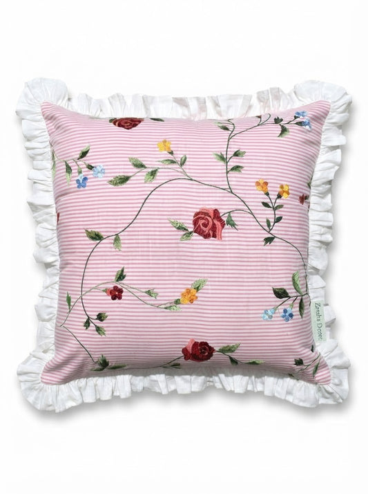 Pink Floral Cotton Pillow Cover with Ruffled Border – Striped Printed Cushion Cover