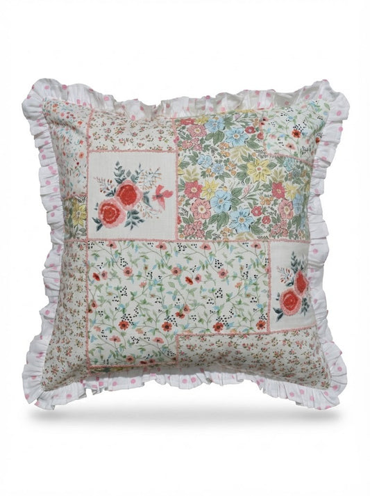 Floral Patchwork Cotton Pillow Cover with Ruffled Border – Vintage Printed Cushion Cover 18 x 18 Inch - Pack of 1