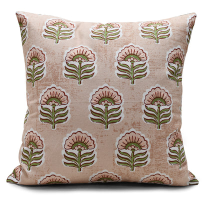 16x16 Cotton Floral Cushion Cover with Insert | Blush Pink Hand Block Print Decorative Throw Pillow