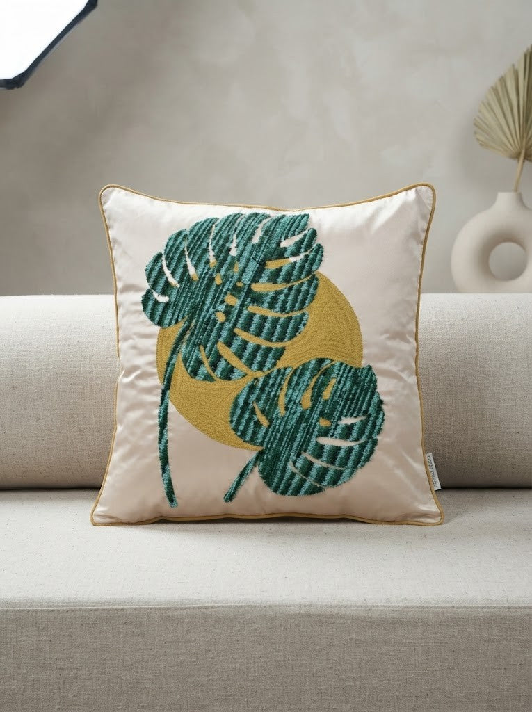 Green Leaf Embroidered Poly Dupion Cushion Cover 18x18 Inch – Decorative Botanical Cushion Cover for Sofa & Bed