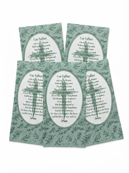 Cotton Kitchen Towels Set of 5 – Green Botanical Leaf Print, Our Father Prayer Design, Decorative Tea Towels for Kitchen