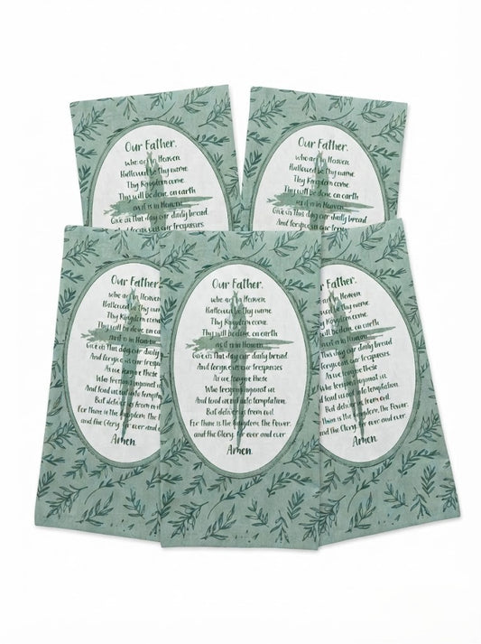 Cotton Kitchen Towels Set of 5 – Green Botanical Leaf Print, Our Father Prayer Design, Decorative Tea Towels for Kitchen