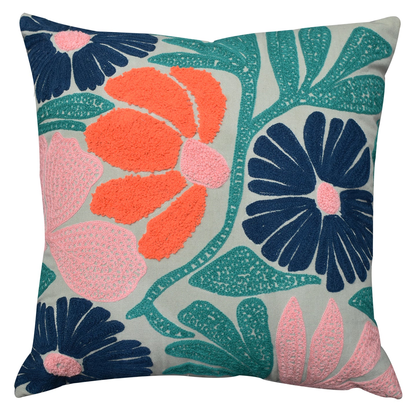 Embroidered Floral Cotton Cushion with Polyester Filler Insert