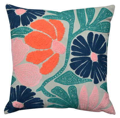 Embroidered Floral Cotton Cushion with Polyester Filler Insert
