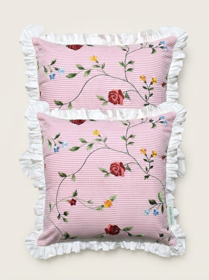 Pink Floral Cotton Pillow Cover with Ruffled Border – Striped Printed Cushion Cover