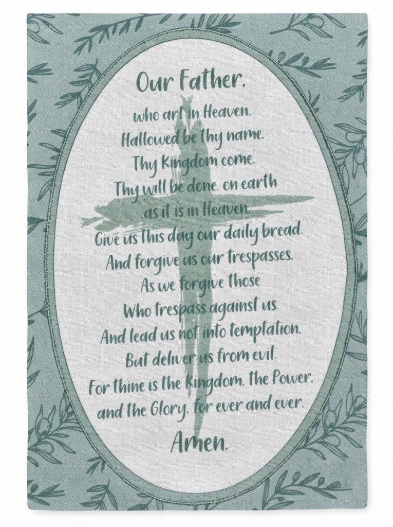 Cotton Kitchen Towels Set of 5 – Green Botanical Leaf Print, Our Father Prayer Design, Decorative Tea Towels for Kitchen