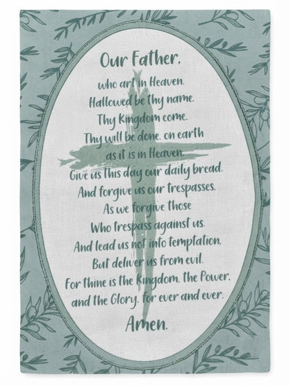 Cotton Kitchen Towels Set of 5 – Green Botanical Leaf Print, Our Father Prayer Design, Decorative Tea Towels for Kitchen