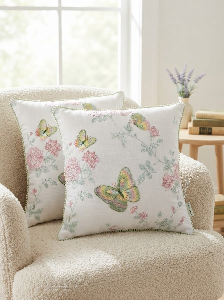Floral Butterfly Cotton Pillow Cover with Decorative Piped Border – Soft Printed Cushion Cover