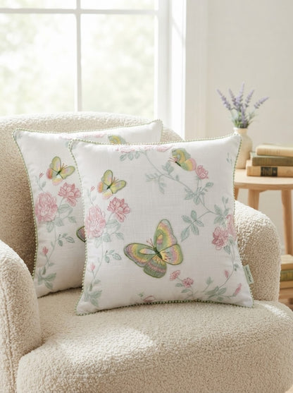 Floral Butterfly Cotton Pillow Cover with Decorative Piped Border – Soft Printed Cushion Cover
