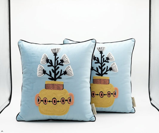 Handcrafted Polyester Cushion Cover with Insert – Embroidered Floral Vase Design Decorative Throw Pillow for Sofa, Bed & Living Room