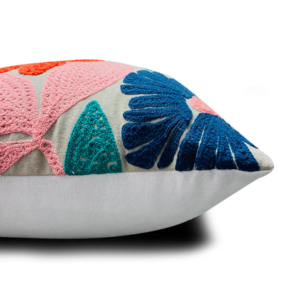 Embroidered Floral Cotton Cushion with Polyester Filler Insert
