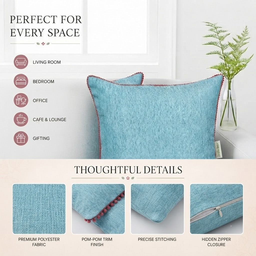 Velvet Cushion Cover with Red Pom Pom Trim – Soft Polyester Decorative Pillow Cover