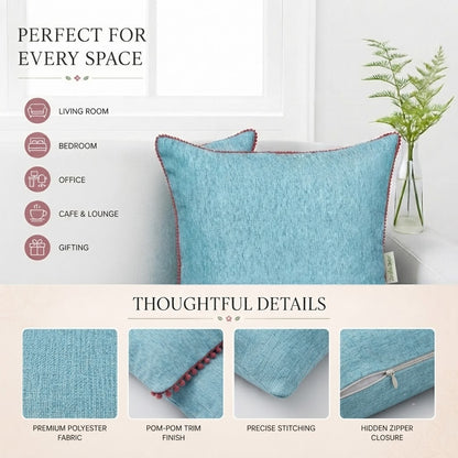 Velvet Cushion Cover with Red Pom Pom Trim – Soft Polyester Decorative Pillow Cover