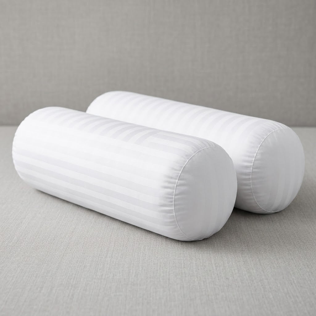 Set of 2 White Striped Bolster Pillows (9x24 inch) – Microfiber Filled Cylindrical Cushions | Bed Support Combo
