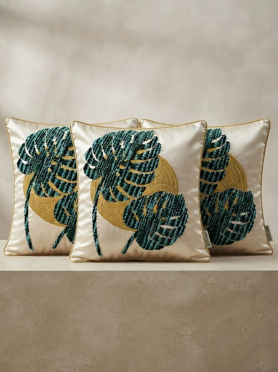 Green Leaf Embroidered Poly Dupion Cushion Cover 18x18 Inch – Decorative Botanical Cushion Cover for Sofa & Bed