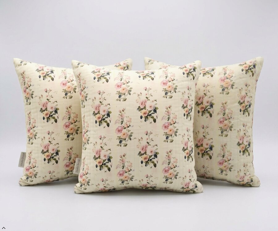 Elegant Floral Printed Cotton Cushion Cover with Cushion Insert – Soft Rose Pattern Decorative Throw Pillow Set for Sofa, Living Room & Bedroom