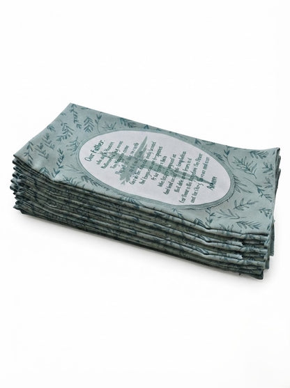 Cotton Kitchen Towels Set of 5 – Green Botanical Leaf Print, Our Father Prayer Design, Decorative Tea Towels for Kitchen