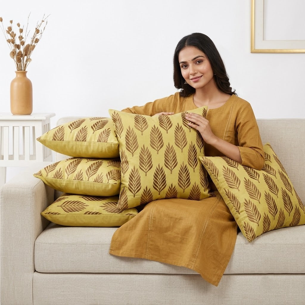Cotton Embroidered Cushion Cover with Insert – Leaf Pattern Decorative Throw Pillow for Sofa, Bed & Living Room | 16 x 16 Inch (Copy)