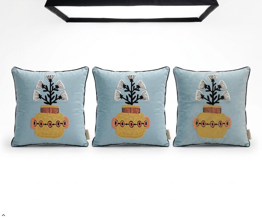 Handcrafted Polyester Cushion Cover with Insert – Embroidered Floral Vase Design Decorative Throw Pillow for Sofa, Bed & Living Room