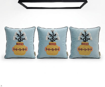 Handcrafted Polyester Cushion Cover with Insert – Embroidered Floral Vase Design Decorative Throw Pillow for Sofa, Bed & Living Room