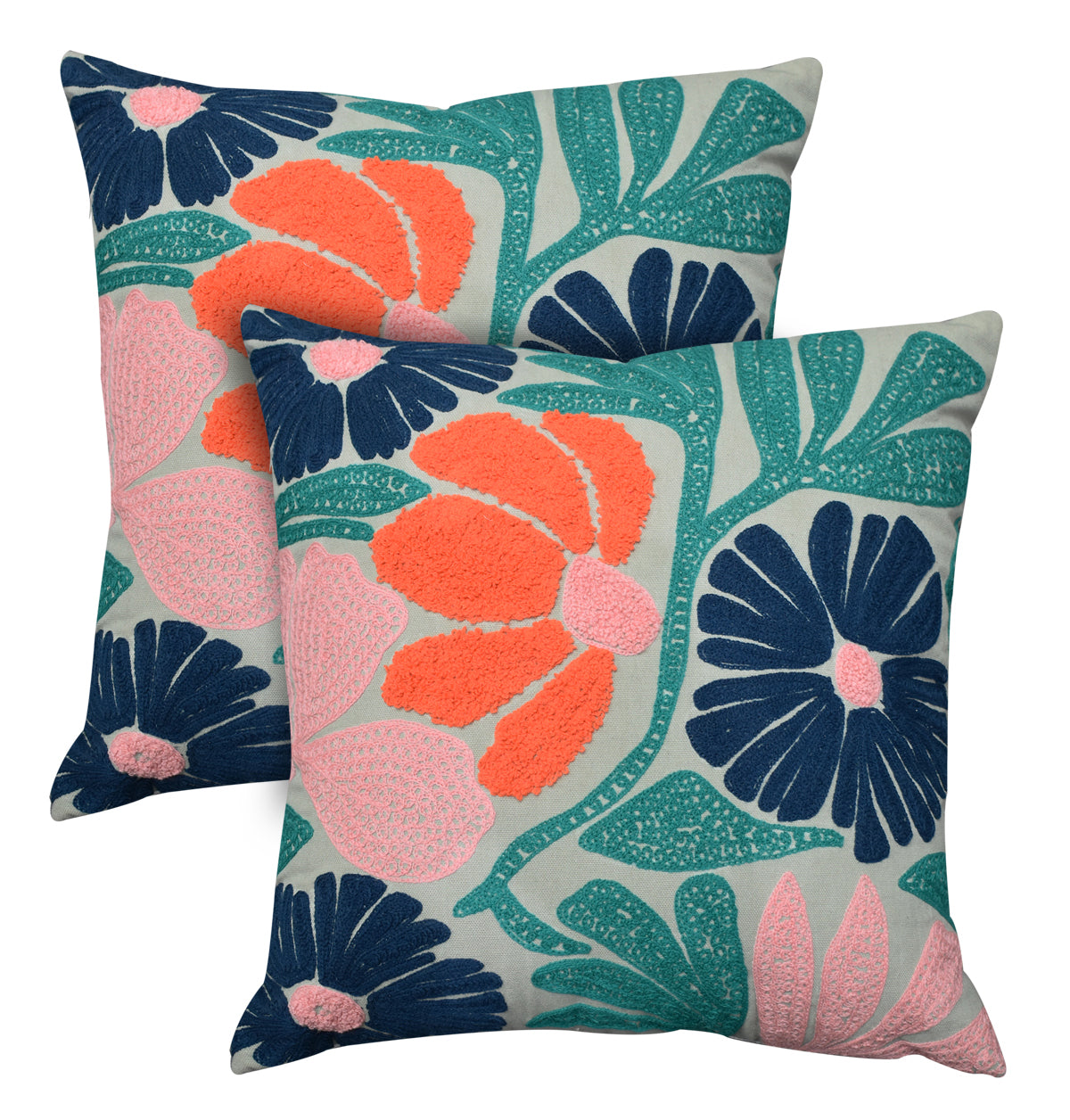 Embroidered Floral Cotton Cushion with Polyester Filler Insert